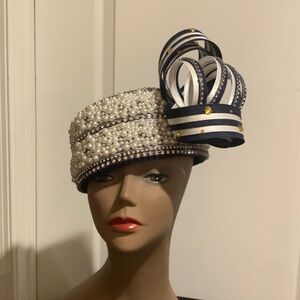 Elegant Navy and White Pearl Embellished Hat